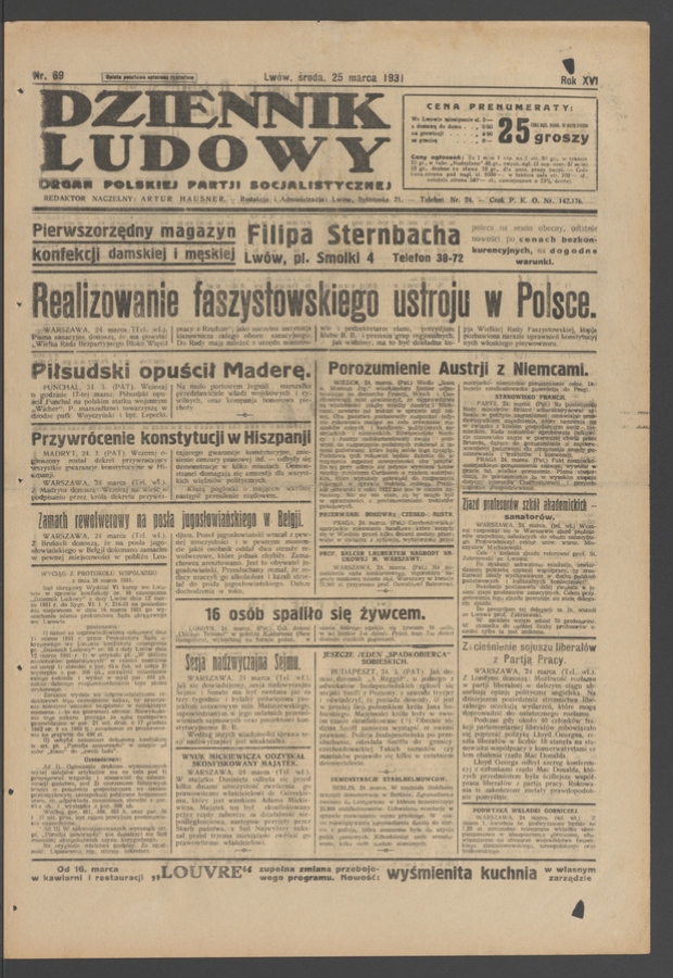 Dziennik Ludowy&nbsp;: organ Polskiej Partji Socjalistycznej. Rok&nbsp;14, 1931, numer&nbsp;69