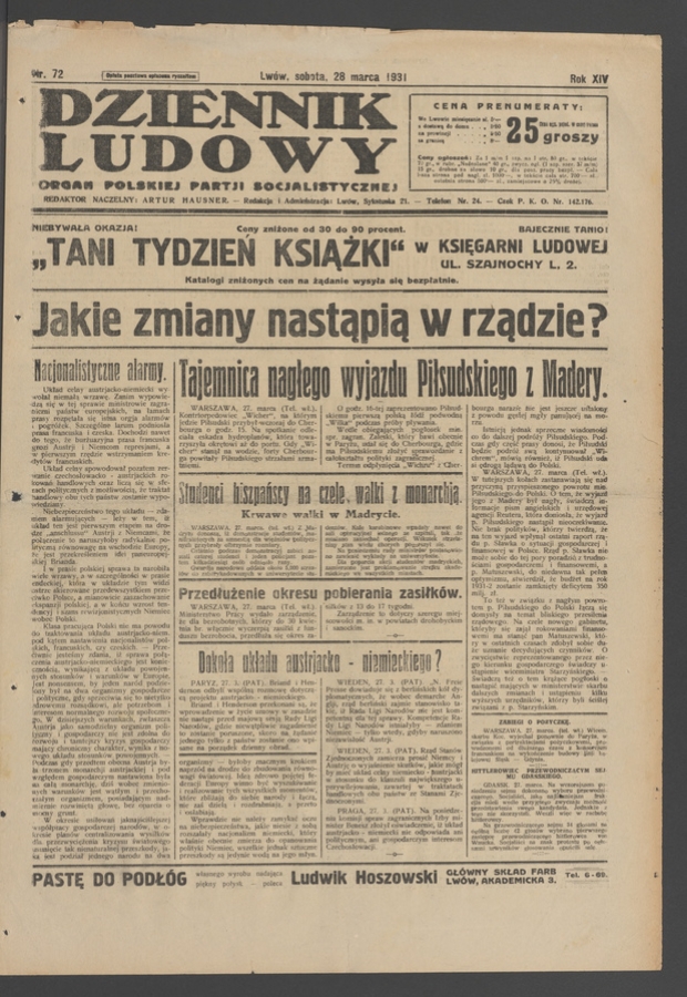 Dziennik Ludowy&nbsp;: organ Polskiej Partji Socjalistycznej. Rok&nbsp;14, 1931, numer&nbsp;72