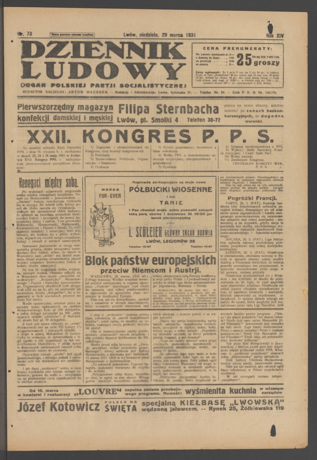 Dziennik Ludowy&nbsp;: organ Polskiej Partji Socjalistycznej. Rok&nbsp;14, 1931, numer&nbsp;73