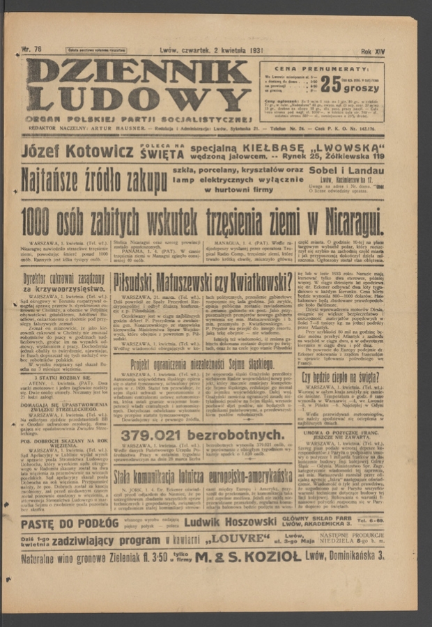 Dziennik Ludowy&nbsp;: organ Polskiej Partji Socjalistycznej. Rok&nbsp;14, 1931, numer&nbsp;76