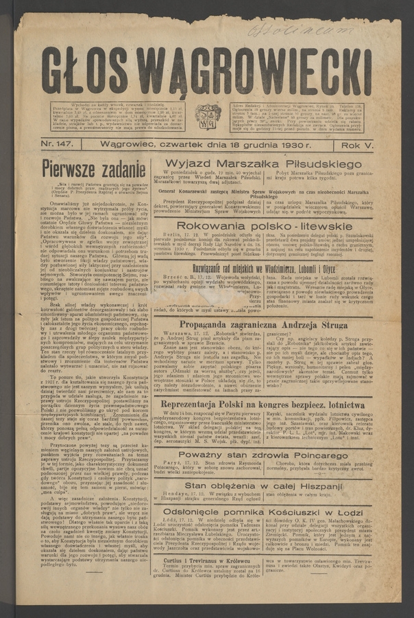 Głos Wągrowiecki. Rok&nbsp;5, 1930, numer&nbsp;147