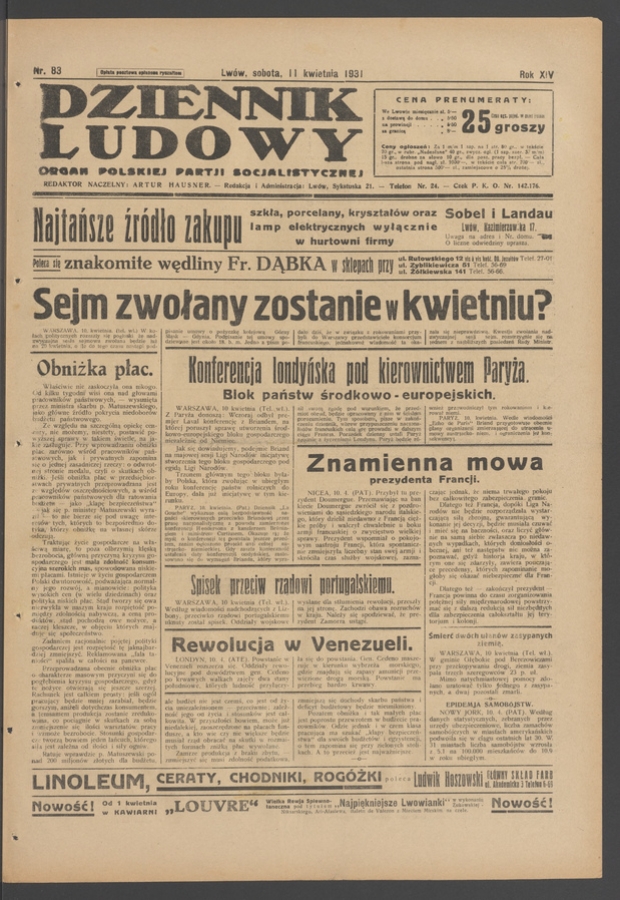 Dziennik Ludowy&nbsp;: organ Polskiej Partji Socjalistycznej. Rok&nbsp;14, 1931, numer&nbsp;83