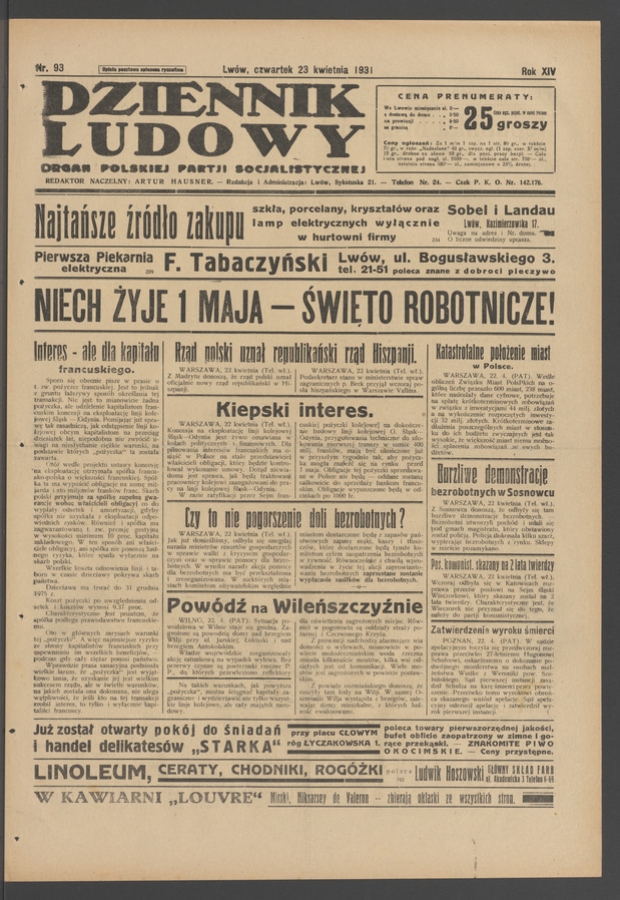 Dziennik Ludowy&nbsp;: organ Polskiej Partji Socjalistycznej. Rok&nbsp;14, 1931, numer&nbsp;93