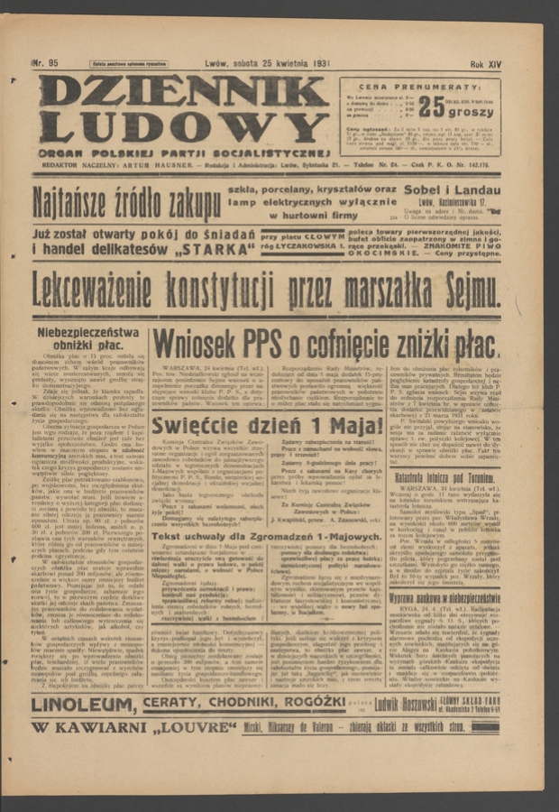 Dziennik Ludowy&nbsp;: organ Polskiej Partji Socjalistycznej. Rok&nbsp;14, 1931, numer&nbsp;95
