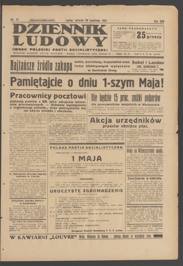 Dziennik Ludowy&nbsp;: organ Polskiej Partji Socjalistycznej. Rok&nbsp;14, 1931, numer&nbsp;97