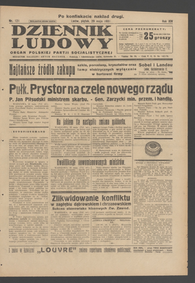 Dziennik Ludowy&nbsp;: organ Polskiej Partji Socjalistycznej. Rok&nbsp;14, 1931, numer&nbsp;121 (po&nbsp;konfiskacie nakład drugi)