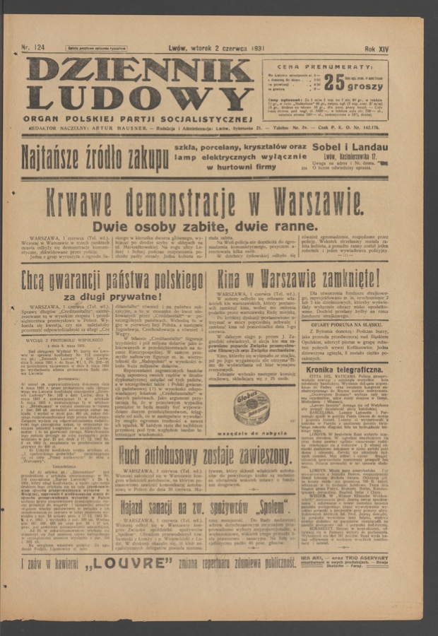 Dziennik Ludowy&nbsp;: organ Polskiej Partji Socjalistycznej. Rok&nbsp;14, 1931, numer&nbsp;124