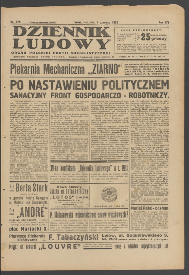 Dziennik Ludowy&nbsp;: organ Polskiej Partji Socjalistycznej. Rok&nbsp;14, 1931, numer&nbsp;128