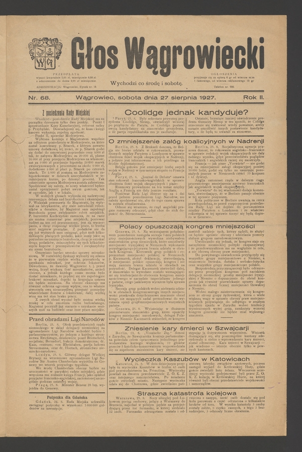 Głos Wągrowiecki. Rok&nbsp;2, 1927, numer&nbsp;68
