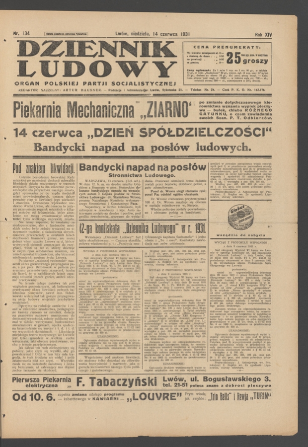Dziennik Ludowy&nbsp;: organ Polskiej Partji Socjalistycznej. Rok&nbsp;14, 1931, numer&nbsp;134