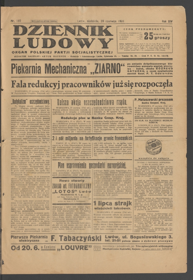 Dziennik Ludowy&nbsp;: organ Polskiej Partji Socjalistycznej. Rok&nbsp;14, 1931, numer&nbsp;146