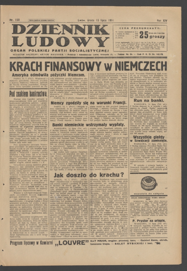 Dziennik Ludowy&nbsp;: organ Polskiej Partji Socjalistycznej. Rok&nbsp;14, 1931, numer&nbsp;159
