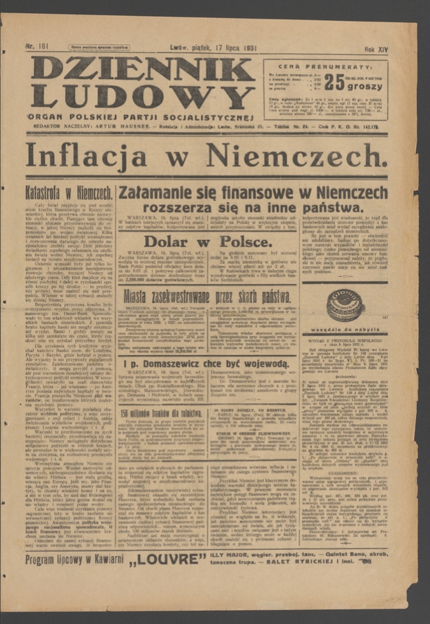 Dziennik Ludowy&nbsp;: organ Polskiej Partji Socjalistycznej. Rok&nbsp;14, 1931, numer&nbsp;161
