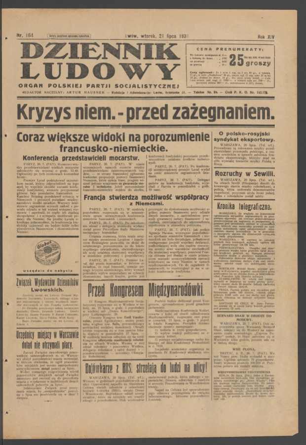 Dziennik Ludowy&nbsp;: organ Polskiej Partji Socjalistycznej. Rok&nbsp;14, 1931, numer&nbsp;164