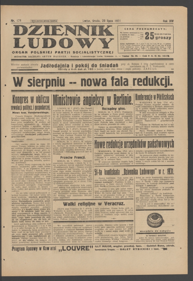 Dziennik Ludowy&nbsp;: organ Polskiej Partji Socjalistycznej. Rok&nbsp;14, 1931, numer&nbsp;171