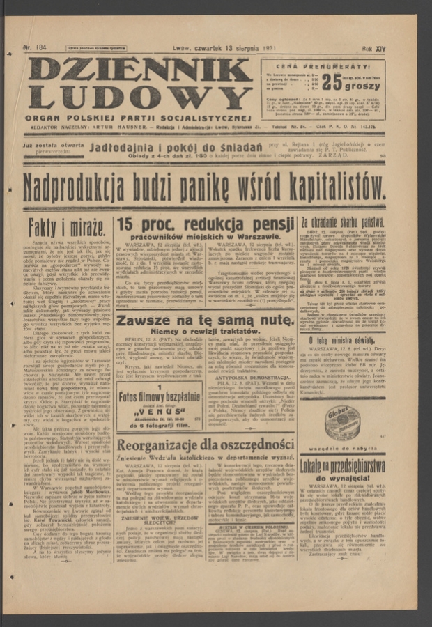 Dziennik Ludowy&nbsp;: organ Polskiej Partji Socjalistycznej. Rok&nbsp;14, 1931, numer&nbsp;184