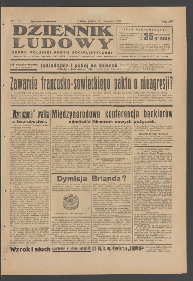 Dziennik Ludowy&nbsp;: organ Polskiej Partji Socjalistycznej. Rok&nbsp;14, 1931, numer&nbsp;190