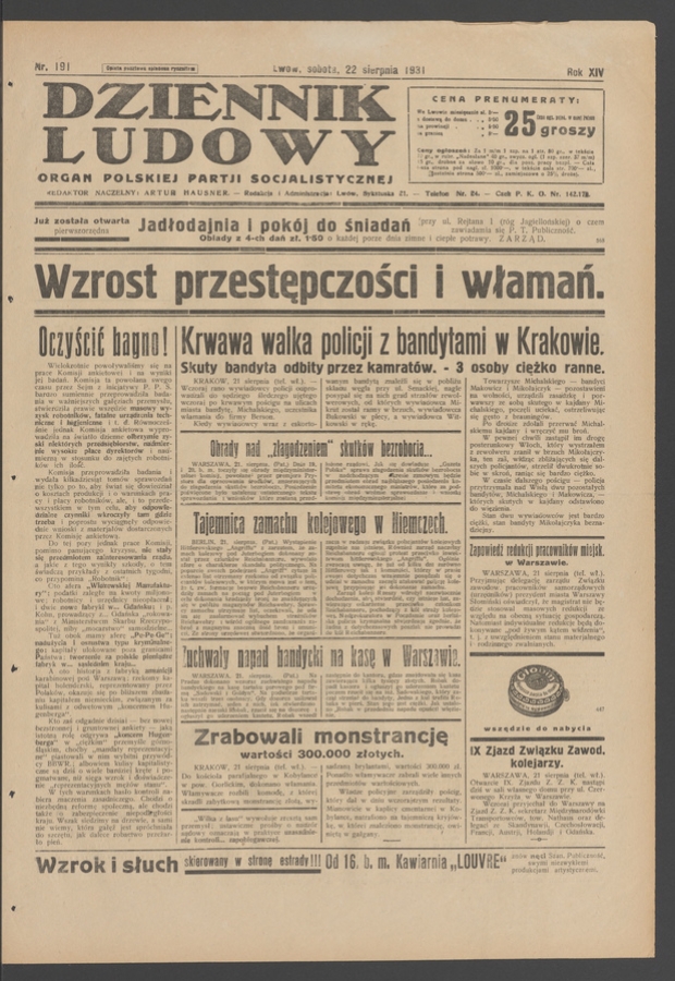 Dziennik Ludowy&nbsp;: organ Polskiej Partji Socjalistycznej. Rok&nbsp;14, 1931, numer&nbsp;191