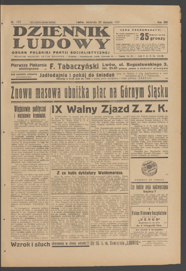 Dziennik Ludowy&nbsp;: organ Polskiej Partji Socjalistycznej. Rok&nbsp;14, 1931, numer&nbsp;192