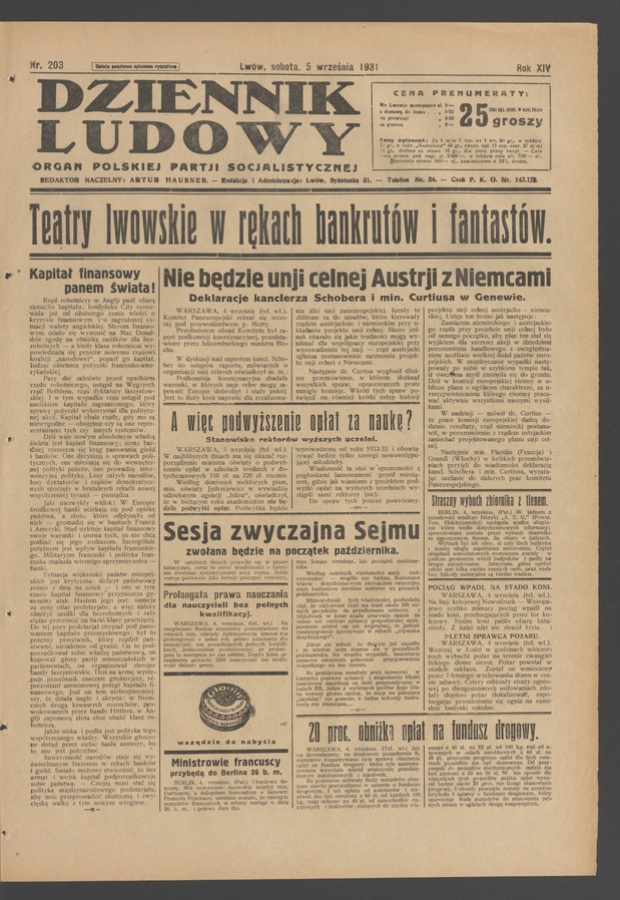 Dziennik Ludowy&nbsp;: organ Polskiej Partji Socjalistycznej. Rok&nbsp;14, 1931, numer&nbsp;203