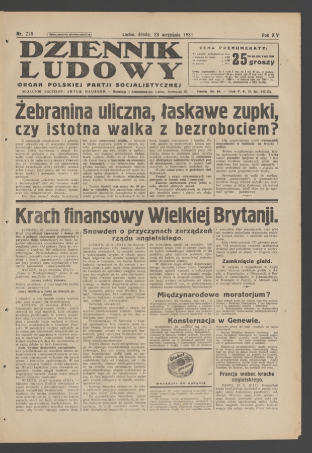 Dziennik Ludowy&nbsp;: organ Polskiej Partji Socjalistycznej. Rok&nbsp;14, 1931, numer&nbsp;218