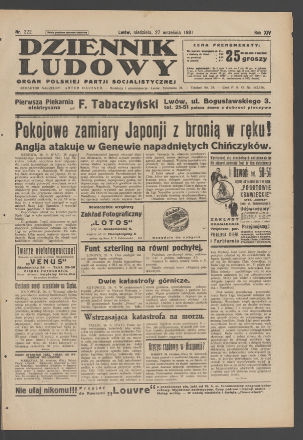 Dziennik Ludowy&nbsp;: organ Polskiej Partji Socjalistycznej. Rok&nbsp;14, 1931, numer&nbsp;222