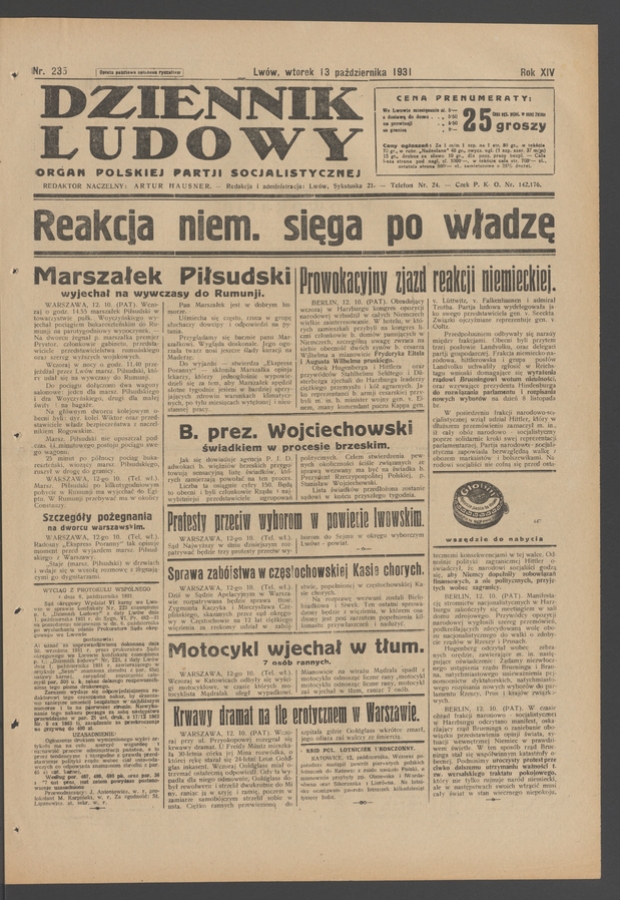 Dziennik Ludowy&nbsp;: organ Polskiej Partji Socjalistycznej. Rok&nbsp;14, 1931, numer&nbsp;235