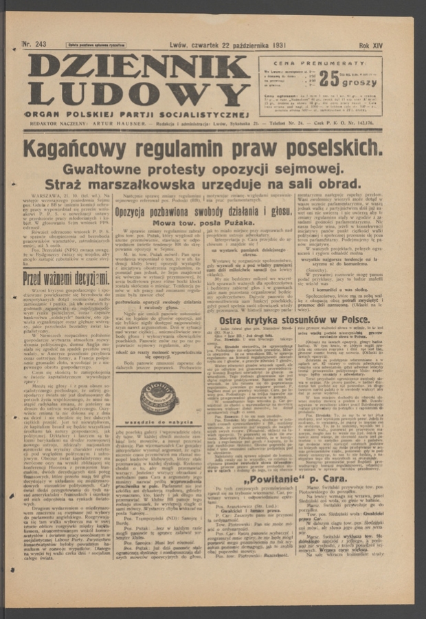 Dziennik Ludowy&nbsp;: organ Polskiej Partji Socjalistycznej. Rok&nbsp;14, 1931, numer&nbsp;243