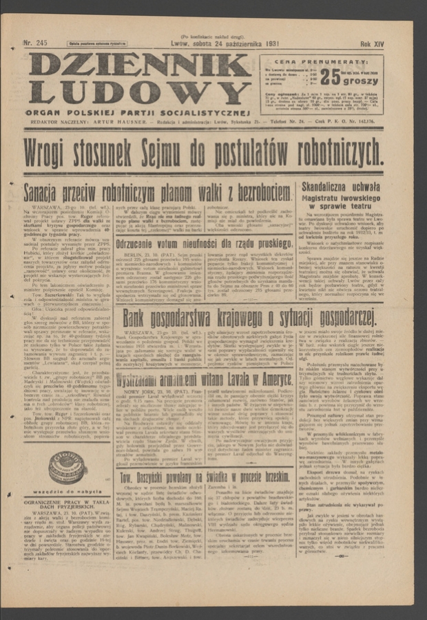 Dziennik Ludowy&nbsp;: organ Polskiej Partji Socjalistycznej. Rok&nbsp;14, 1931, numer&nbsp;245 (po&nbsp;konfiskacie nakład drugi)
