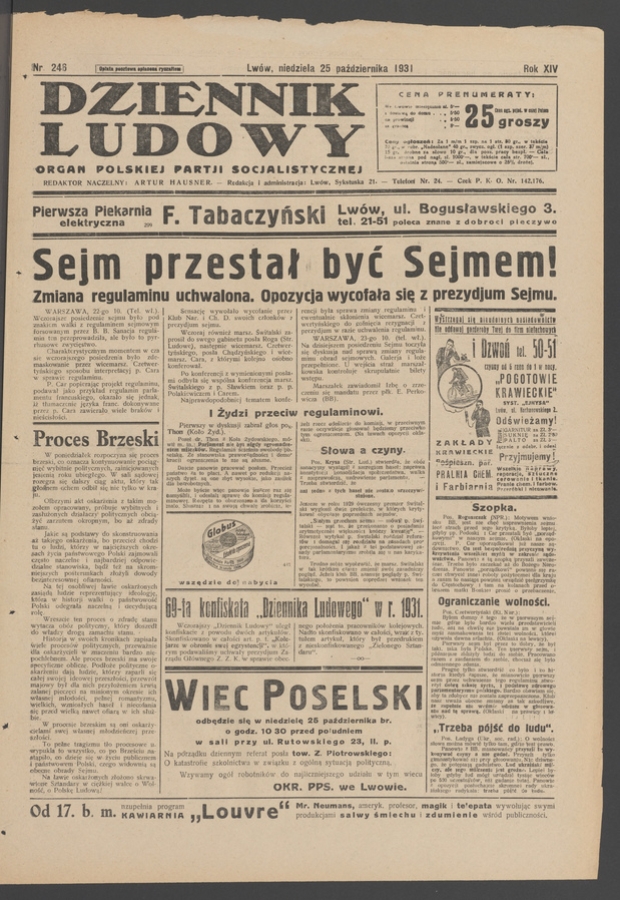 Dziennik Ludowy&nbsp;: organ Polskiej Partji Socjalistycznej. Rok&nbsp;14, 1931, numer&nbsp;246
