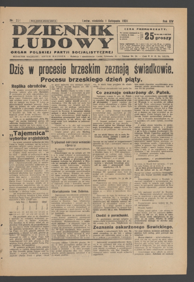 Dziennik Ludowy&nbsp;: organ Polskiej Partji Socjalistycznej. Rok&nbsp;14, 1931, numer&nbsp;251