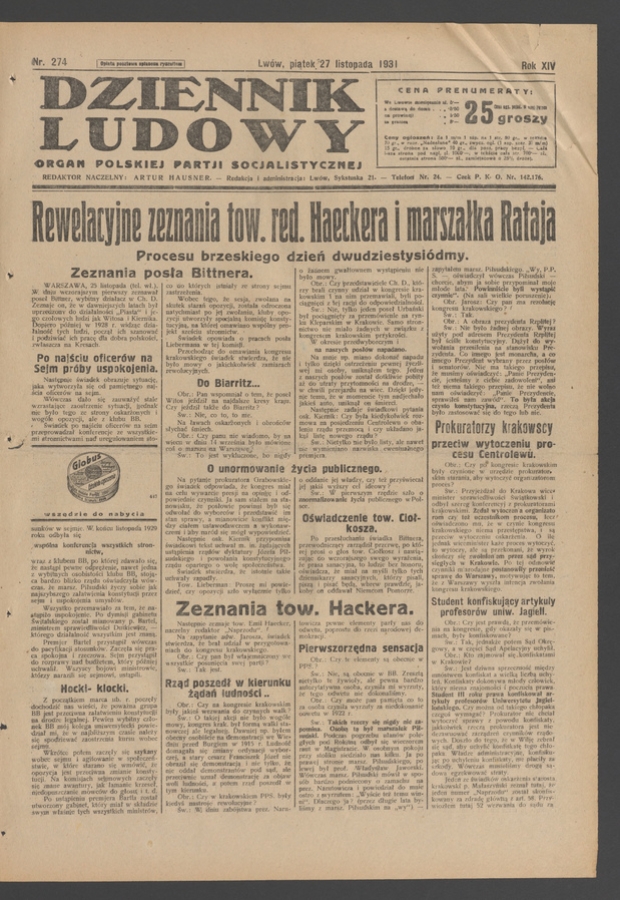 Dziennik Ludowy&nbsp;: organ Polskiej Partji Socjalistycznej. Rok&nbsp;14, 1931, numer&nbsp;274