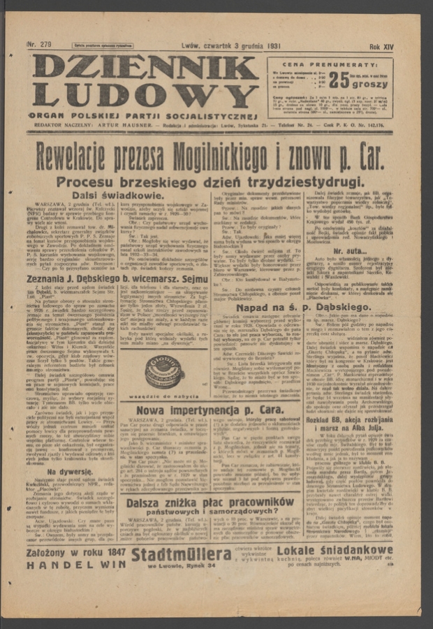 Dziennik Ludowy&nbsp;: organ Polskiej Partji Socjalistycznej. Rok&nbsp;14, 1931, numer&nbsp;279