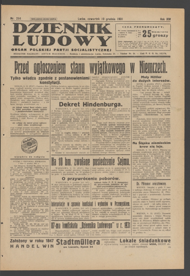 Dziennik Ludowy&nbsp;: organ Polskiej Partji Socjalistycznej. Rok&nbsp;14, 1931, numer&nbsp;284