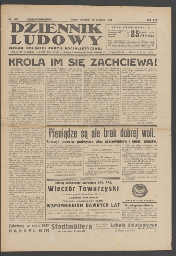 Dziennik Ludowy&nbsp;: organ Polskiej Partji Socjalistycznej. Rok&nbsp;14, 1931, numer&nbsp;287