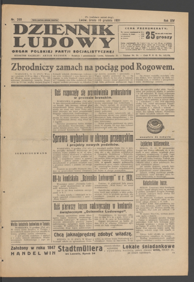 Dziennik Ludowy&nbsp;: organ Polskiej Partji Socjalistycznej. Rok&nbsp;14, 1931, numer&nbsp;289 (po&nbsp;konfiskacie nakład drugi)