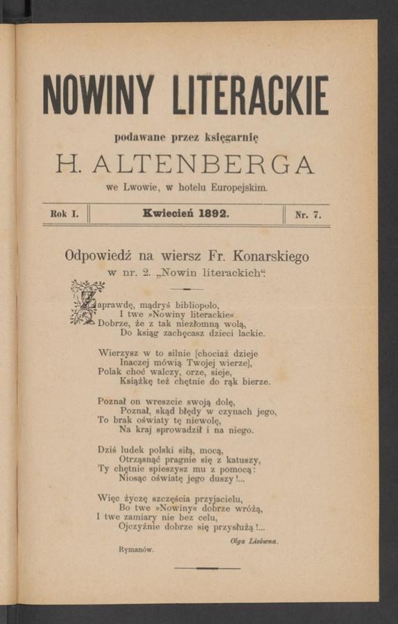 Nowiny Literackie&nbsp;: podawane przez Księgarnię H.&nbsp;Altenberga we&nbsp;Lwowie, w&nbsp;hotelu Europejskim. Rok&nbsp;1, 1892, numer&nbsp;7