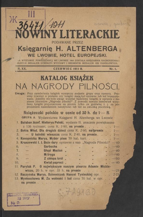 Nowiny Literackie&nbsp;: podawane przez Księgarnię H.&nbsp;Altenberga we&nbsp;Lwowie,&nbsp;hotel Europejski. Rok&nbsp;20, 1911, numer&nbsp;1