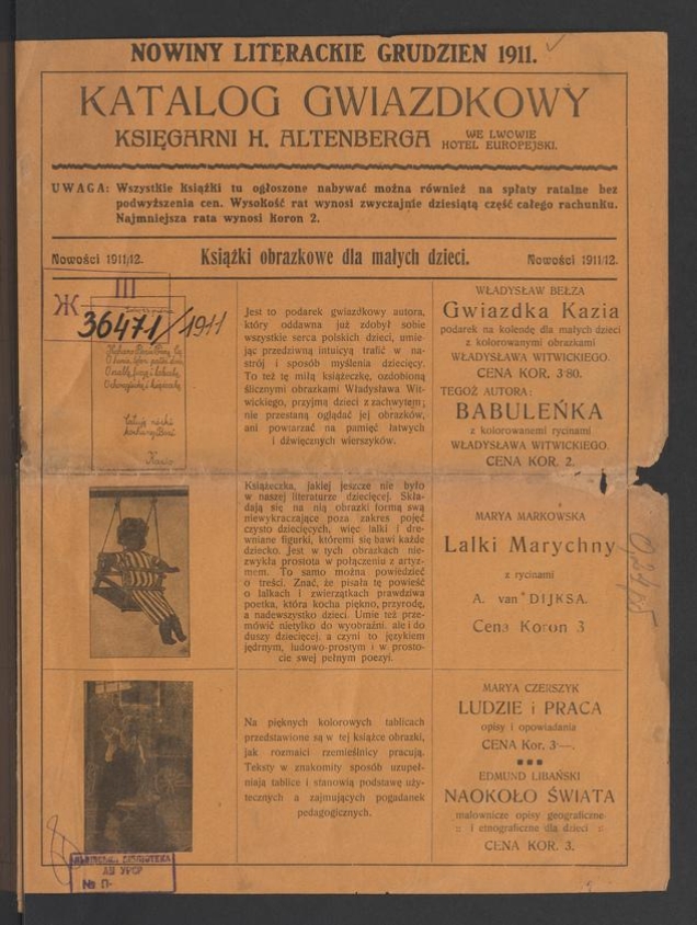 Nowiny Literackie&nbsp;: katalog gwiazdkowy Księgarni H.&nbsp;Altenberga we&nbsp;Lwowie,&nbsp;Hotel Europejski. 1911