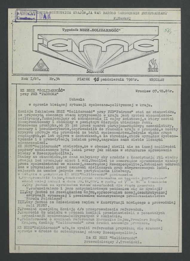 Fama&nbsp;: tygodnik NSZZ&nbsp;&bdquo;Solidarność&rdquo;&nbsp;Fadroma. 1981, numer&nbsp;34