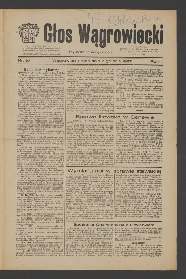 Głos Wągrowiecki. Rok 2, 1927, numer 97
