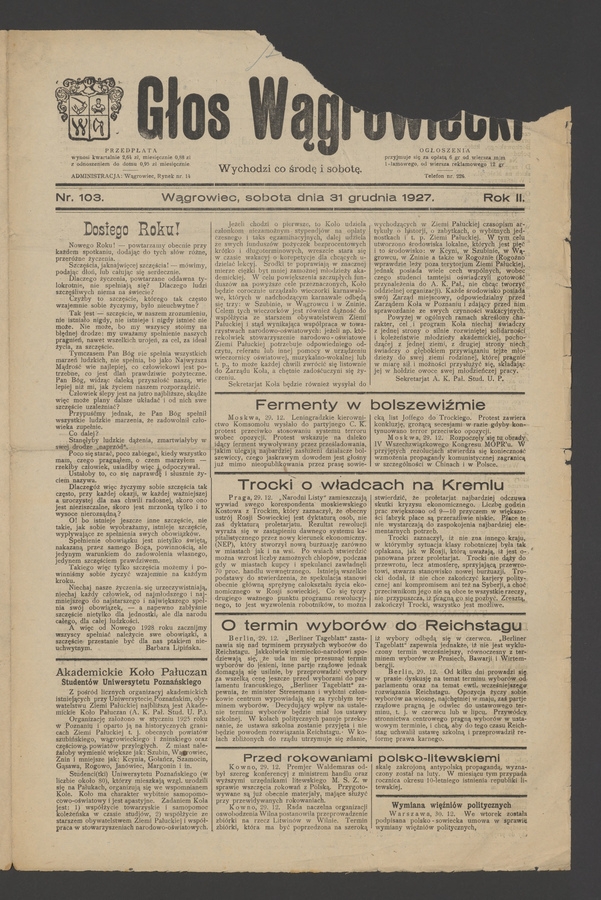 Głos Wągrowiecki. Rok&nbsp;2, 1927, numer&nbsp;103