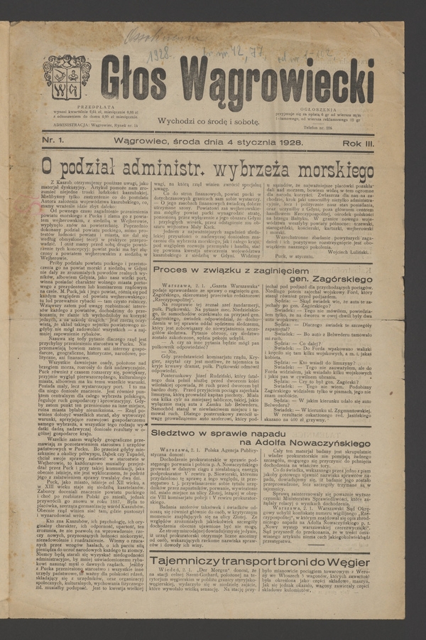Głos Wągrowiecki. Rok&nbsp;3, 1928, numer&nbsp;1