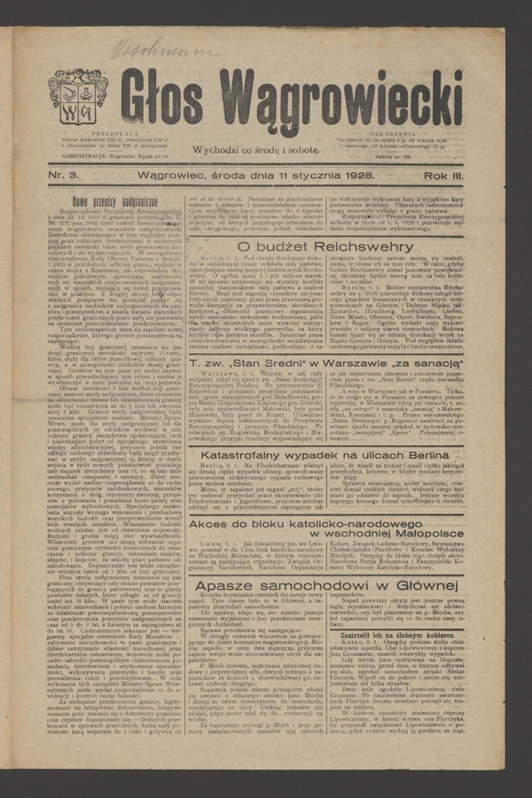 Głos Wągrowiecki. Rok&nbsp;3, 1928, numer&nbsp;3