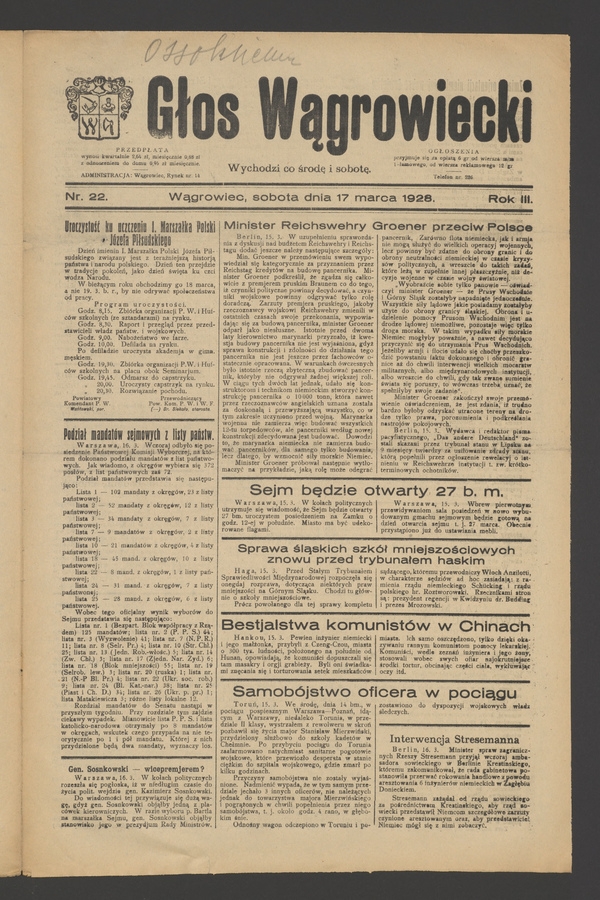 Głos Wągrowiecki. Rok&nbsp;3, 1928, numer&nbsp;22