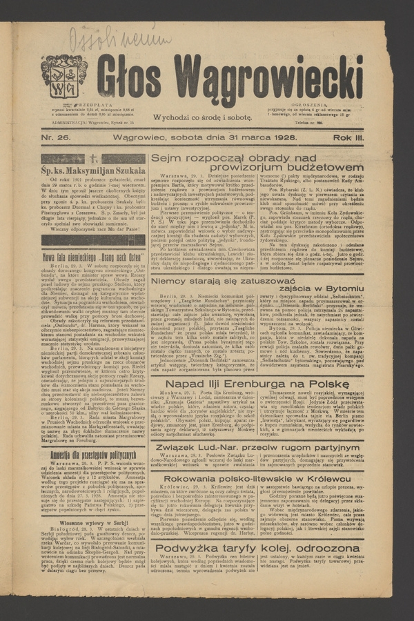 Głos Wągrowiecki. Rok&nbsp;3, 1928, numer&nbsp;26