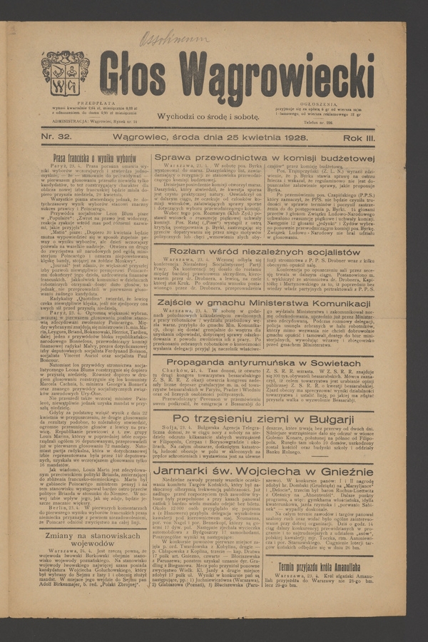Głos Wągrowiecki. Rok&nbsp;3, 1928, numer&nbsp;32