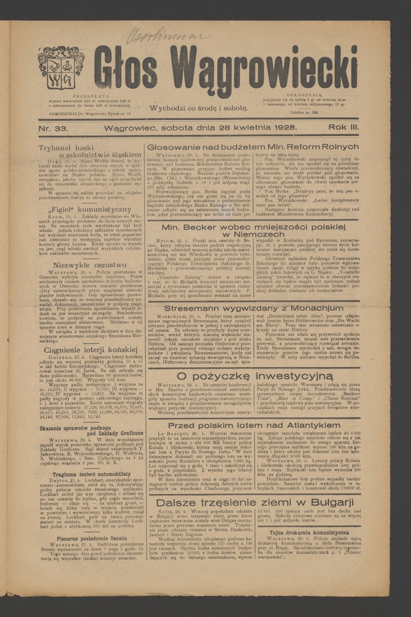 Głos Wągrowiecki. Rok&nbsp;3, 1928, numer&nbsp;33
