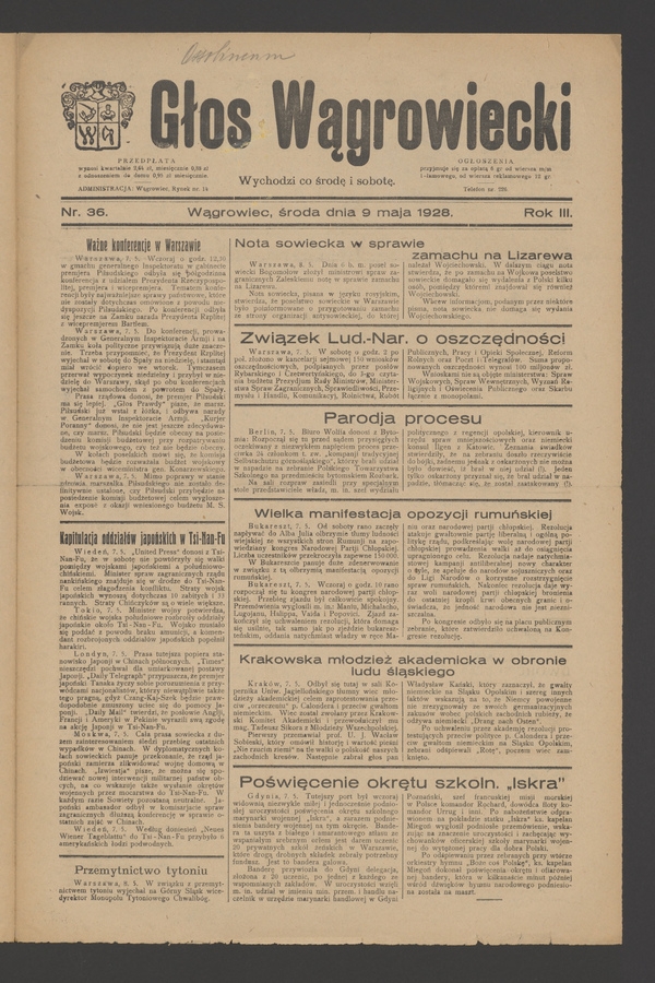 Głos Wągrowiecki. Rok&nbsp;3, 1928, numer&nbsp;36