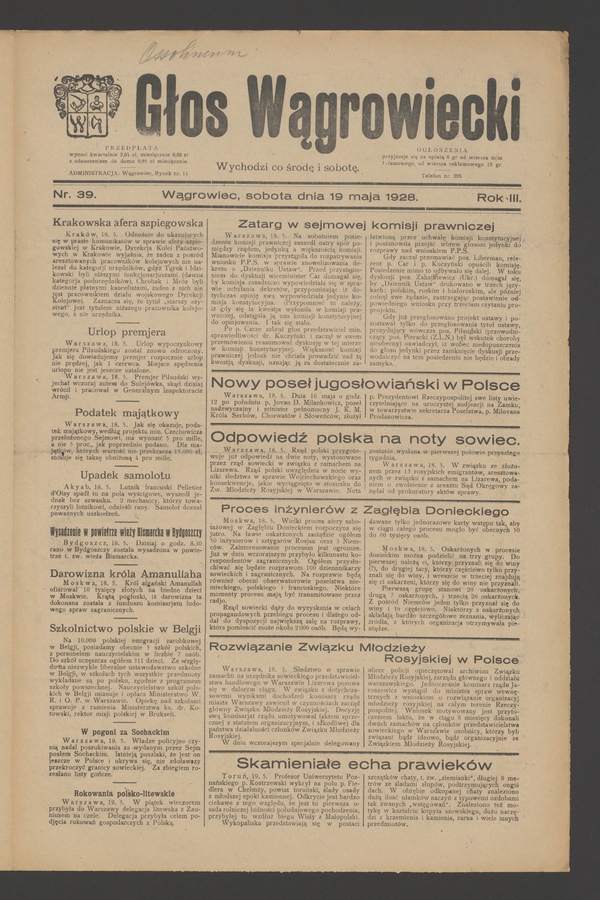 Głos Wągrowiecki. Rok&nbsp;3, 1928, numer&nbsp;39